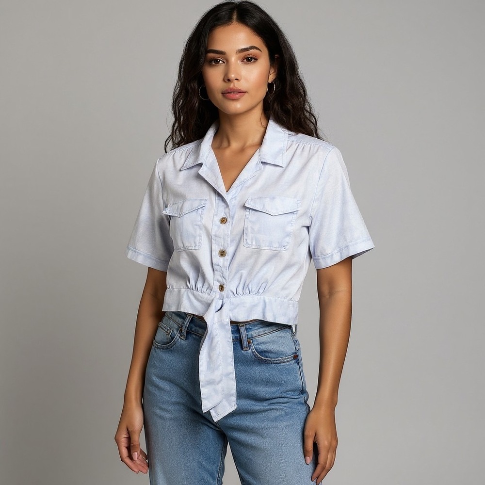 Style House Tie Bottom Crop Top Button Ip Light Blue Coastal Euro Cottagecore L
